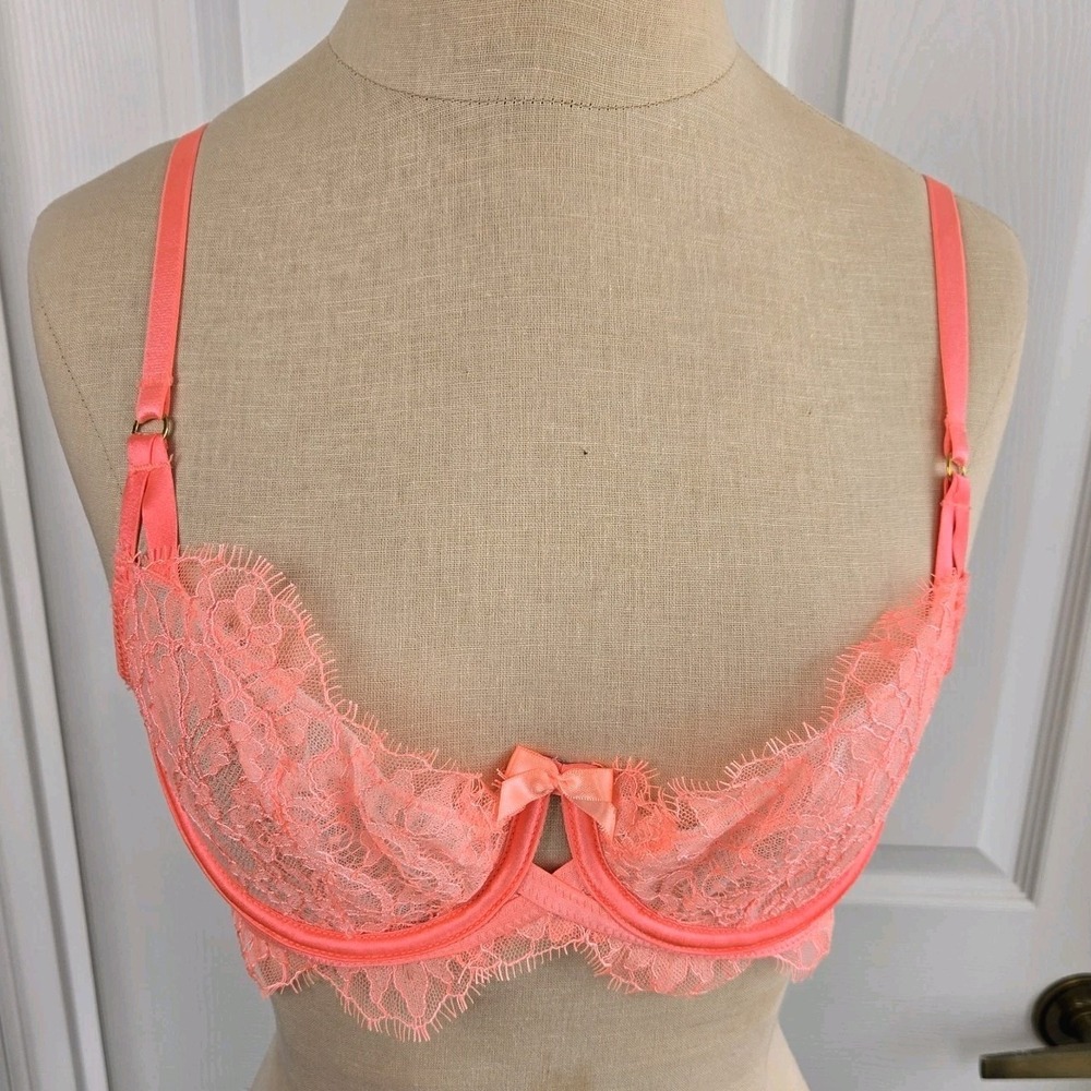 Victoria's Secret Very Sexy Unlined Demi Bra‎ Size 34C Neon Coral Orange Lace